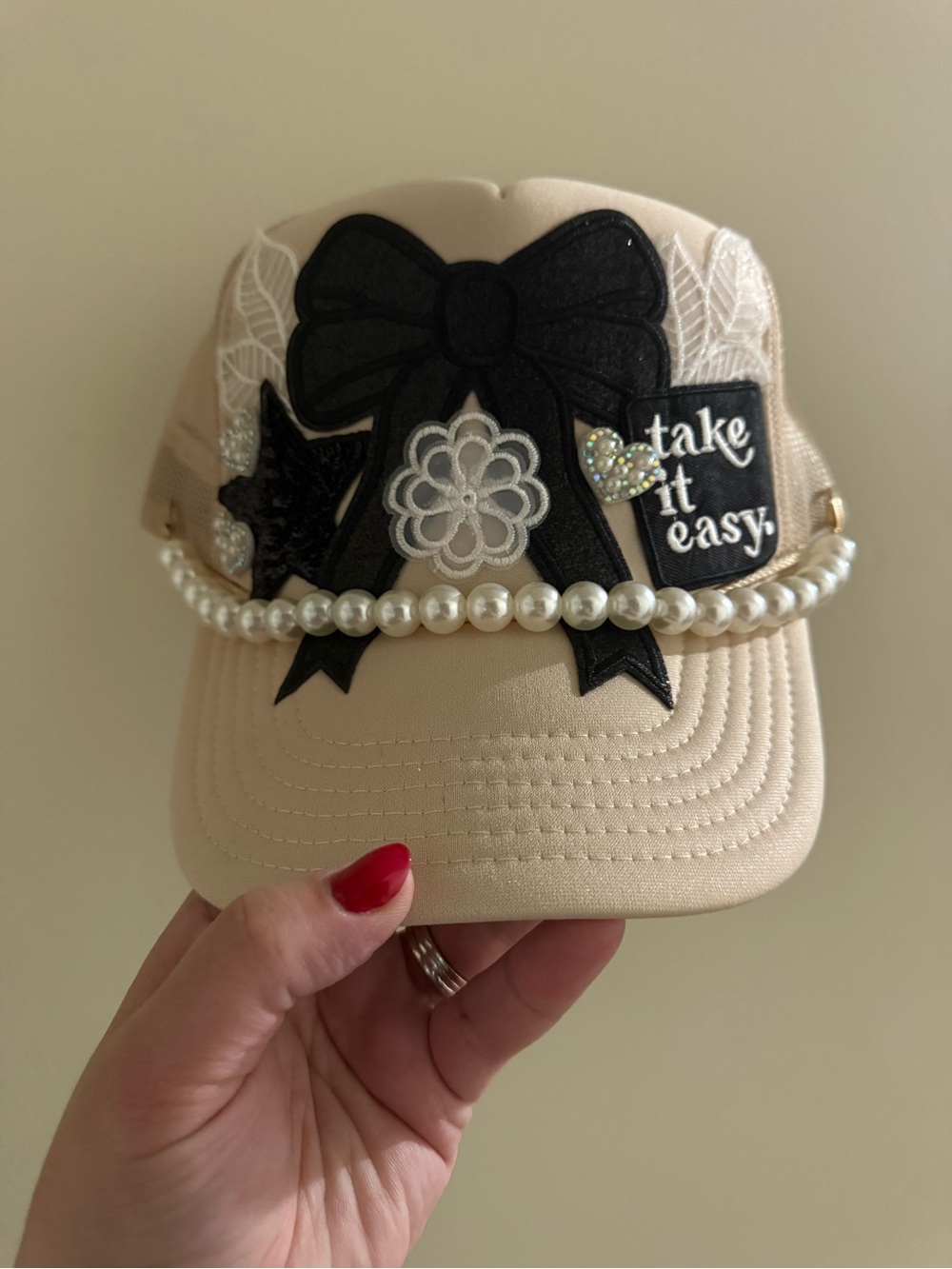 Kids Beige Embellished Cap with Pearls - 'Take It Easy'